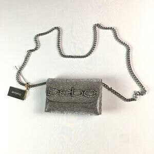 New Bebe Wynn Clutch Silver Rhinestone chain strap Crossbody Mini bag Prom Party
